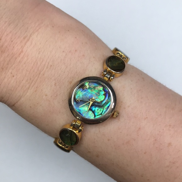 Vtg green gold abalone shell bracelet watch quartz